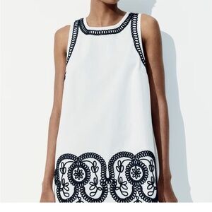 NWT-H&M White Dress with Black Embroidery